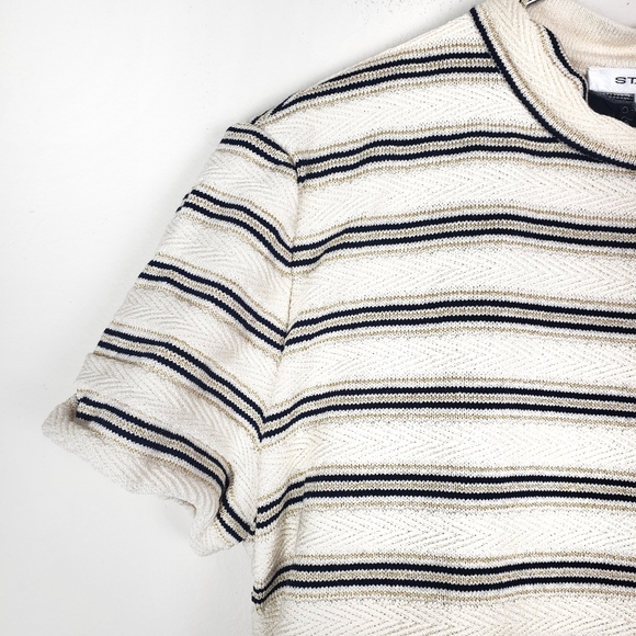 ST. JOHN Gold & Navy Striped Mock Turtleneck Short Sleeve Knit Top Size: 12 - Picture 3 of 5